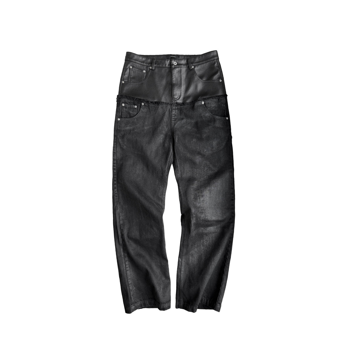 Double Waist PU Leather Patchwork Damage Denim Jeans WN27081