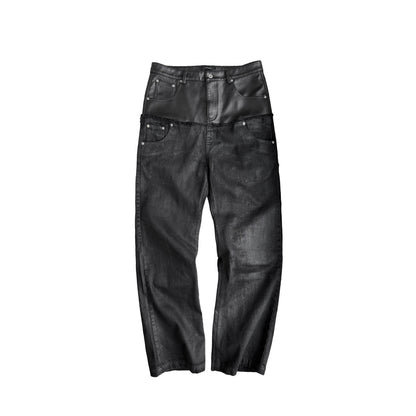 Double Waist PU Leather Patchwork Damage Denim Jeans WN27081