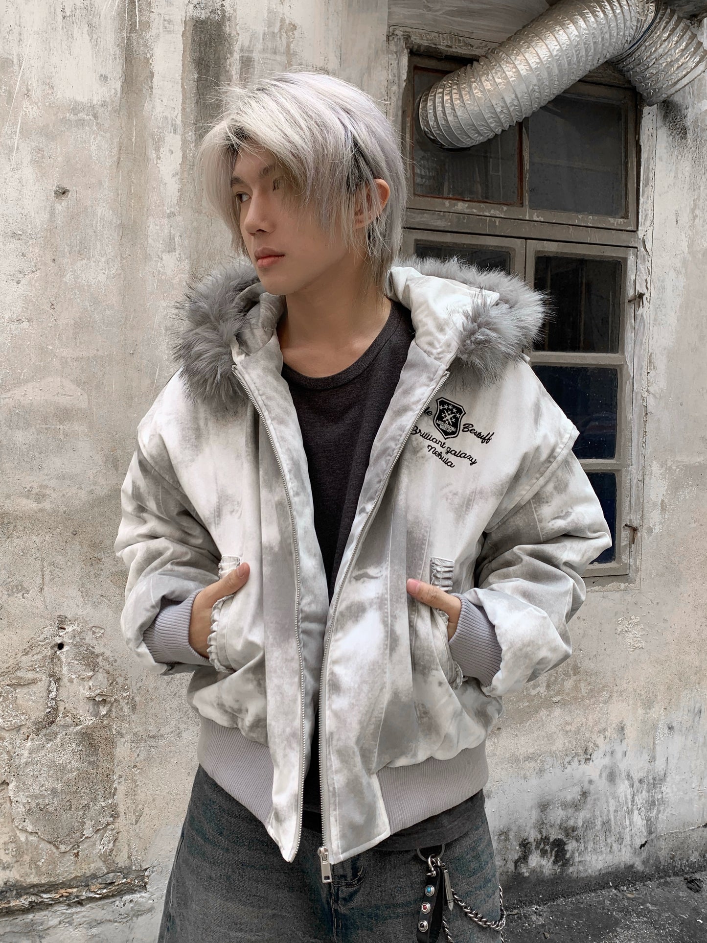 Tie-Dye Fake Fur-Collar Hooded Fleece-Lining Jacket WN22203