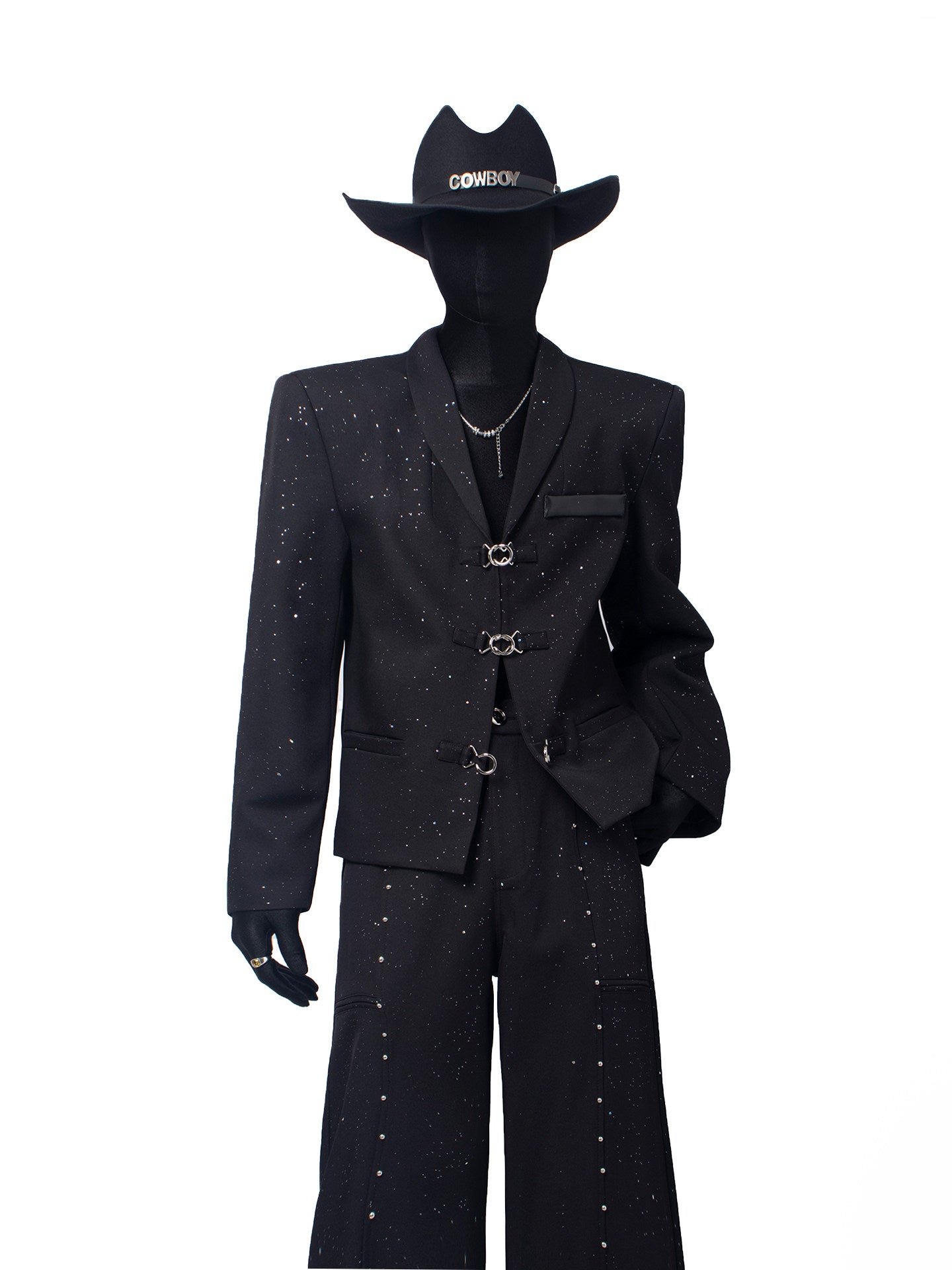 Studs Decor Buckle Short Jacket & Studs Decor Flare Trousers Setup WN23667