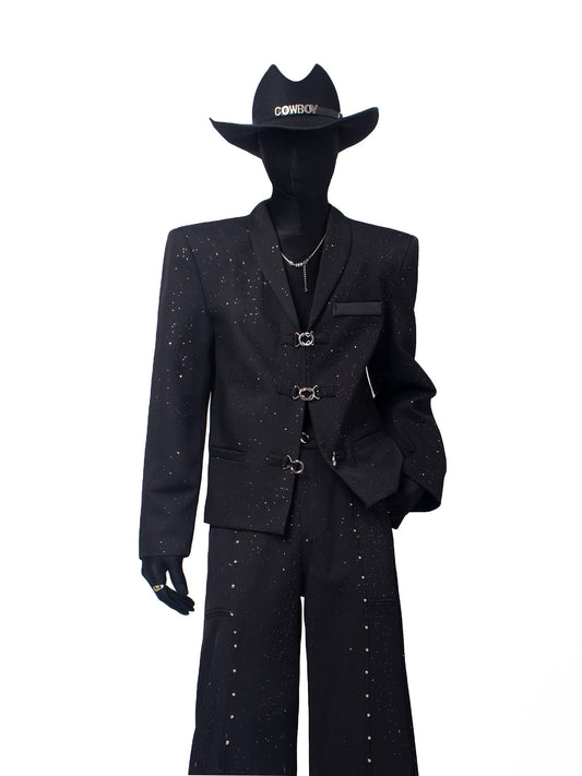 Studs Decor Buckle Short Jacket & Studs Decor Flare Trousers Setup WN23667