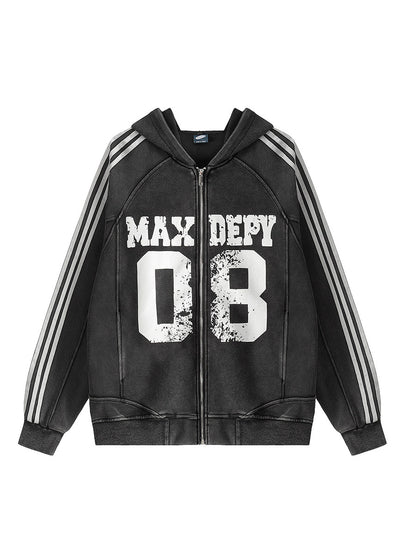 Washed Damage Letter Oversize Zipper Hoodie WN24214