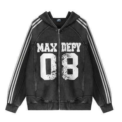 Washed Damage Letter Oversize Zipper Hoodie WN24214