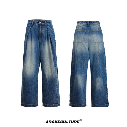 Washed Gradient Embroidery Pleats Straight Denim Jeans WN18363