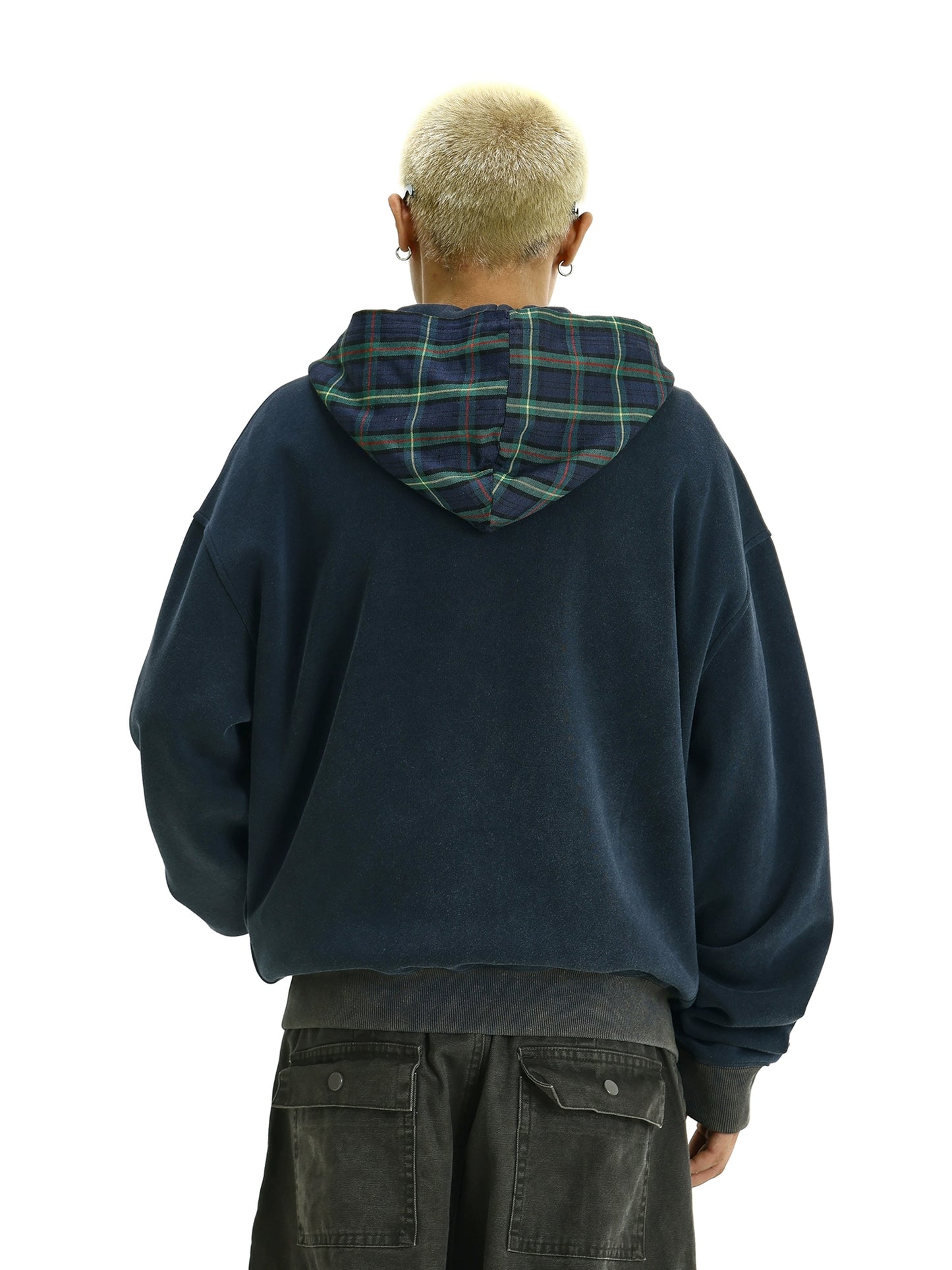 Fake Layered Plaid Zipper Sweat Hoodie WN9385