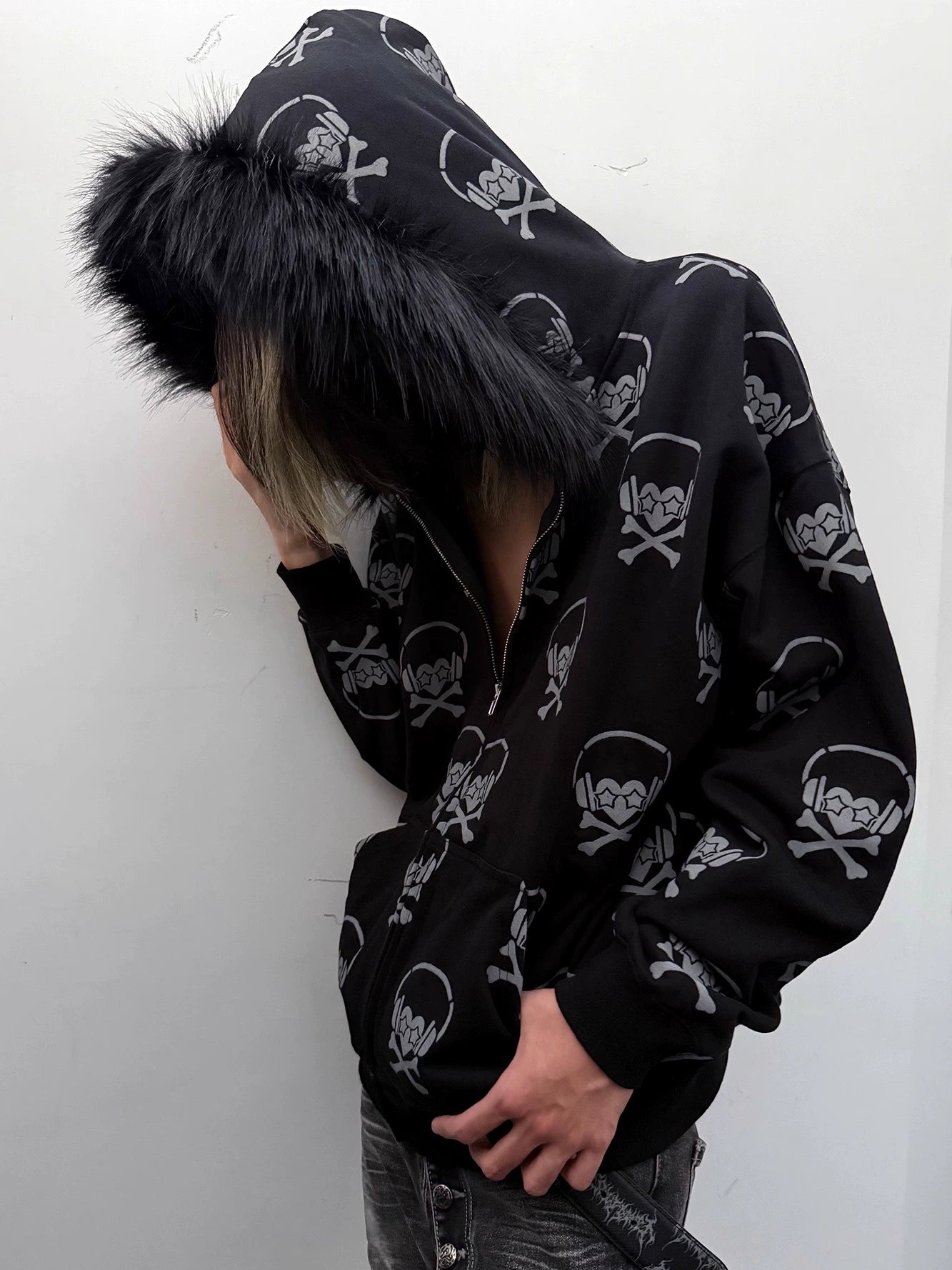 Headphone Skull Print Fake Fur Collar Zipper Hoodie WN20919