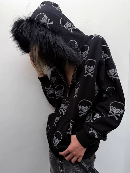 Headphone Skull Print Fake Fur Collar Zipper Hoodie WN20919