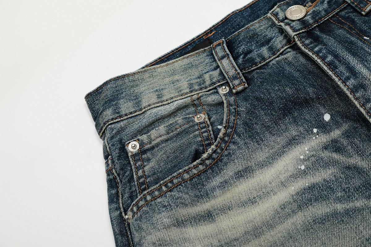 Washed Paint Splatter Curved Wide Leg Denim Jeans WN25737