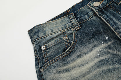 Washed Paint Splatter Curved Wide Leg Denim Jeans WN25737