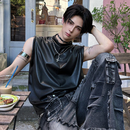 PU Leather Sleeveless T-Shirt WN25114
