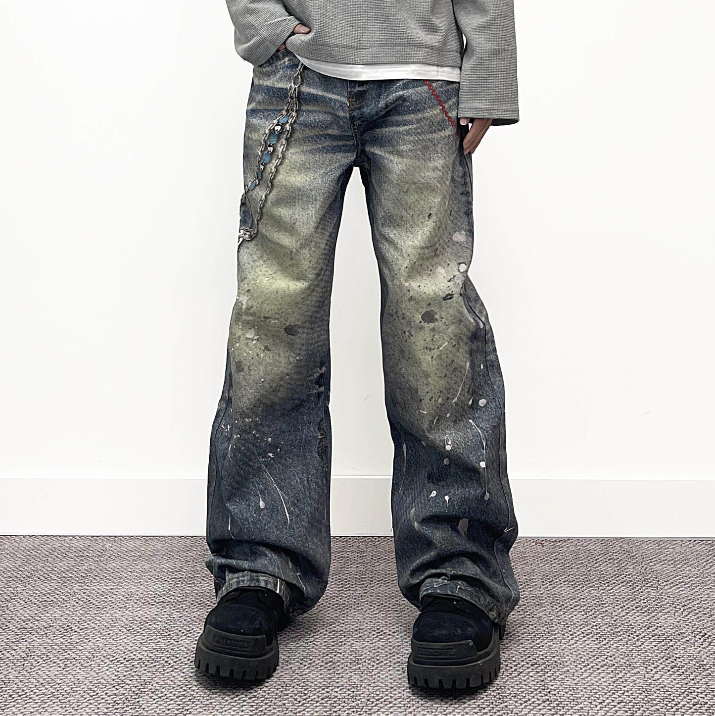 Chain Pendant Print Splatter Wash Wide Leg Denim Jeans WN24240