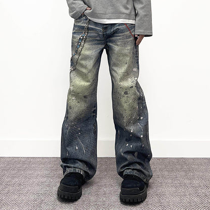 Chain Pendant Print Splatter Wash Wide Leg Denim Jeans WN24240