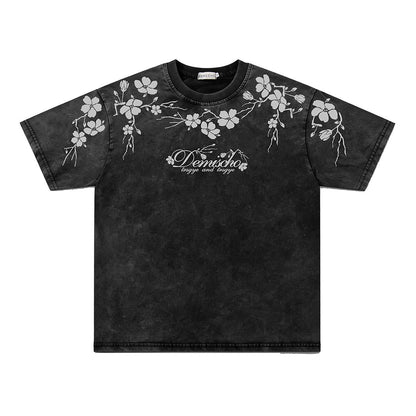 Washed Plum Blossom Print Oversize Short Sleeve T-Shirt WN26899