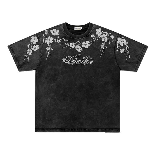 Washed Plum Blossom Print Oversize Short Sleeve T-Shirt WN26899