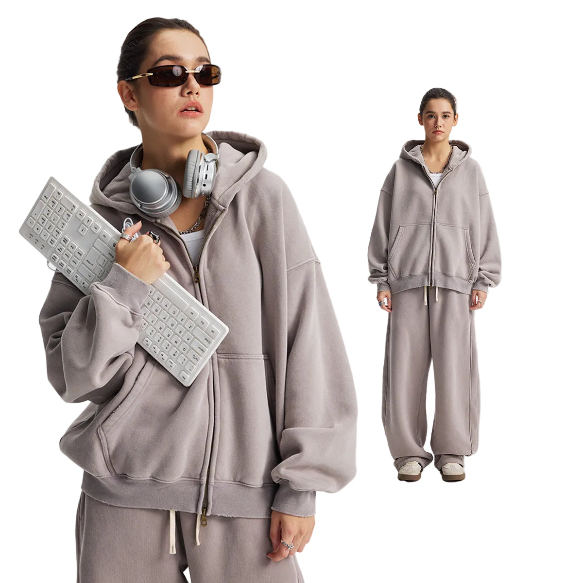 Fleece Lining Zip-Up Wax Dye Zipper Hoodie & Wide Leg Pants Sweatpants WN23112