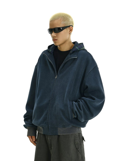 Fake Layered Plaid Zipper Sweat Hoodie WN9385