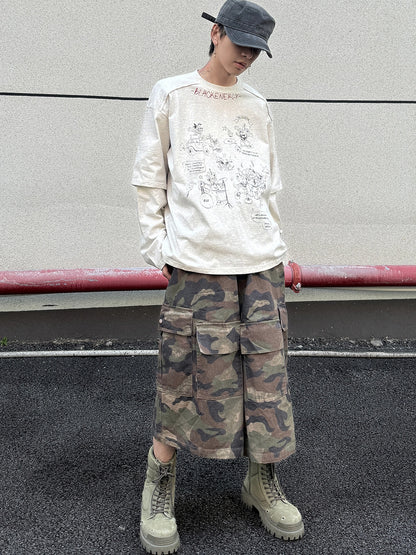 Fake Layered Back Graffiti Print Oversize Long Sleeve T-Shirt WN21154