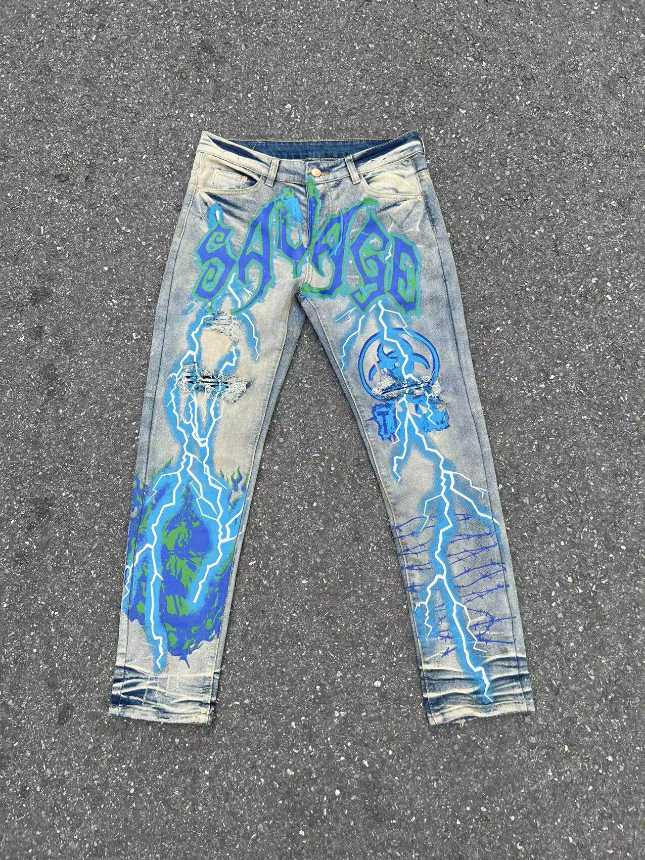 Lightning Print Damage Washed Wide Leg Denim Jeans WN24132