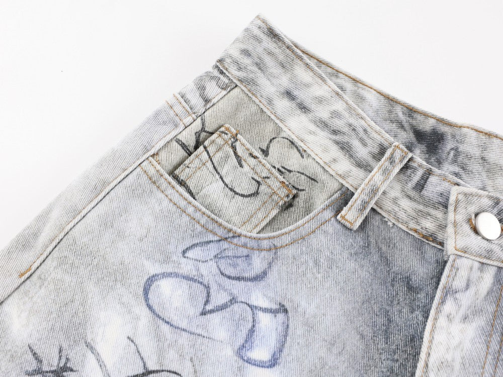 Print Graffiti Wide Leg Denim Jeans WN27844