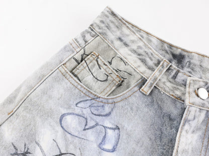 Print Graffiti Wide Leg Denim Jeans WN27844