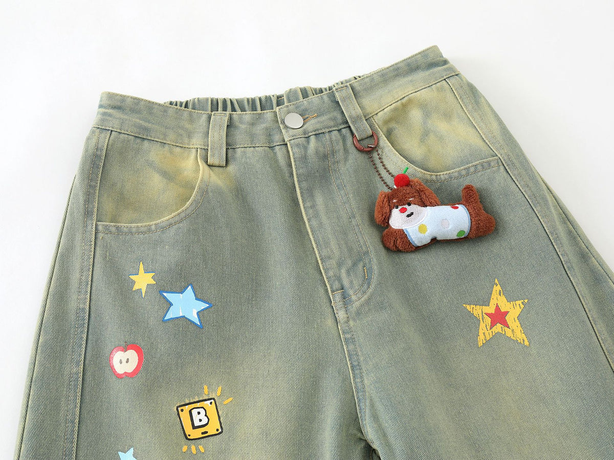 Cartoon Embroidery Wide Leg Denim Jeans WN26969
