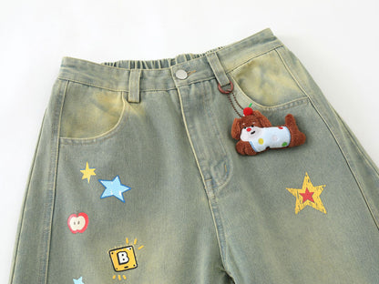 Cartoon Embroidery Wide Leg Denim Jeans WN26969