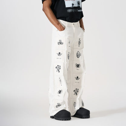 Deconstructed Sketch Applique Print Wide Leg Denim Jeans WN27884