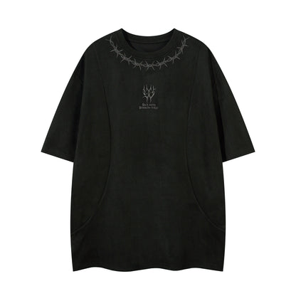 Thorn Embroidery Suede Oversize Short Sleeve T-Shirt WN16219