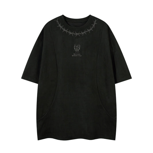 Thorn Embroidery Suede Oversize Short Sleeve T-Shirt WN16219