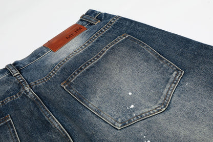 Washed Paint Rhinestone Wide Leg Curved Denim Jeans WN25876
