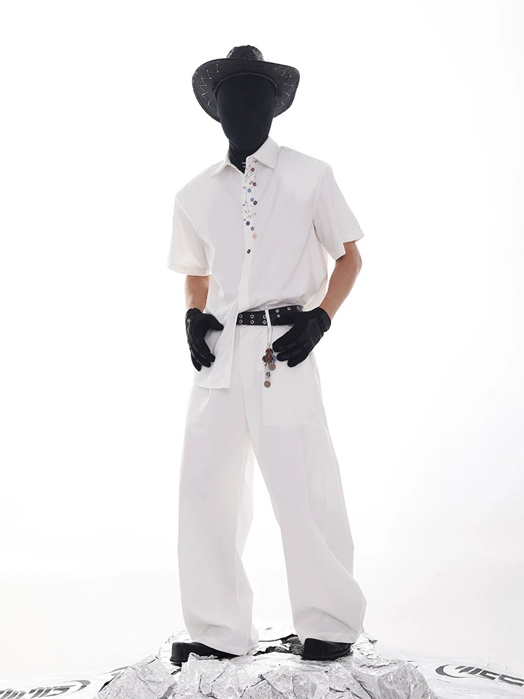 Double Collar Pin Decor Shoulder-Pad Short Sleeve Shirt & Ttrousers Setup WN18621