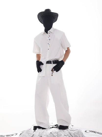 Double Collar Pin Decor Shoulder-Pad Short Sleeve Shirt & Ttrousers Setup WN18621