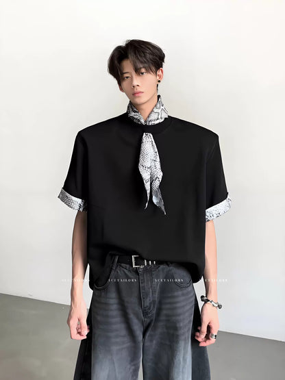 Snake Neck Patchwork Shoulder-Pad Short Sleeve T-Shirt WN20080
