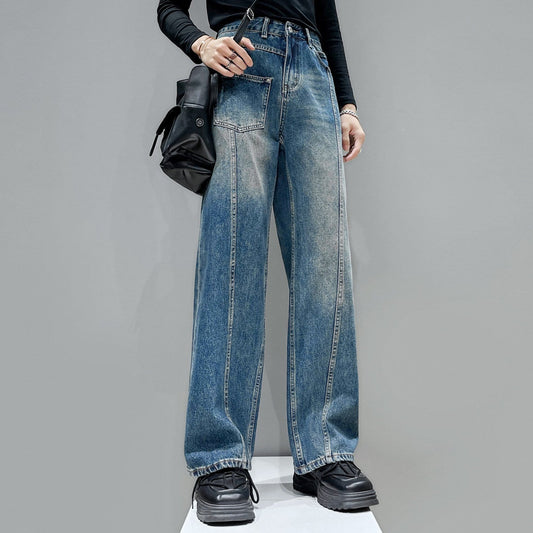 Pocket Patchwork Wide Leg Denim Jeans WN23913