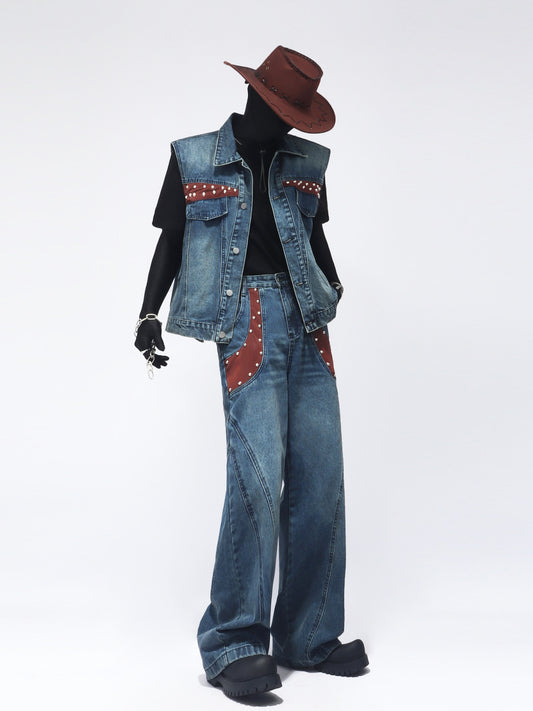 Heavy Design Sleeveless Vest Jacket & Wide Leg Denim Jeans Setup WN23769