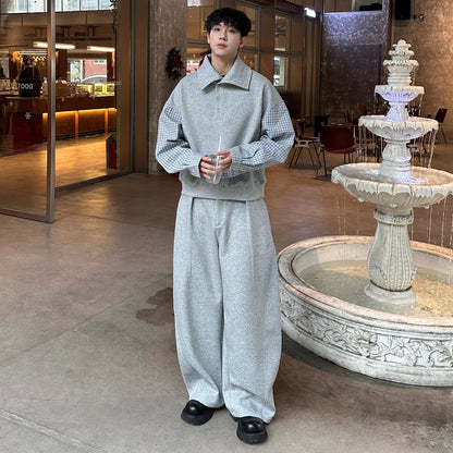 Plaid Fake Layered Long Sleeve Shirt & Wide Leg Sweatpants Setup WN25337