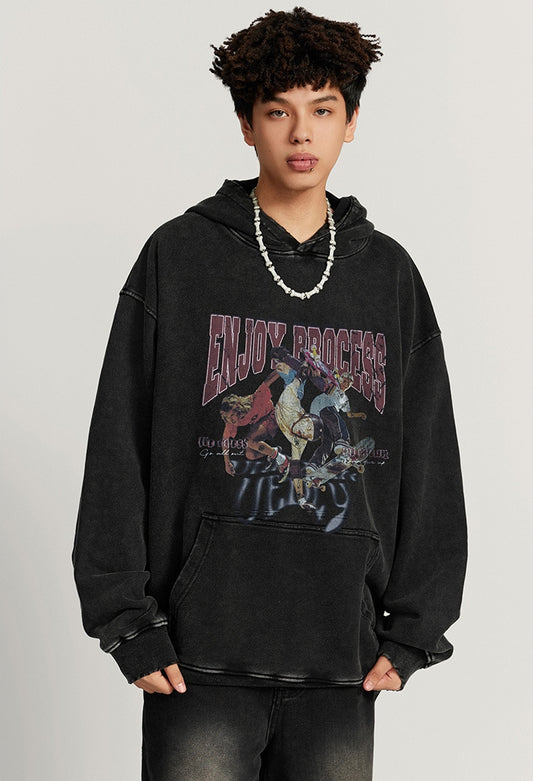 Washed Oversize Skateboard Print Hoodie WN7819