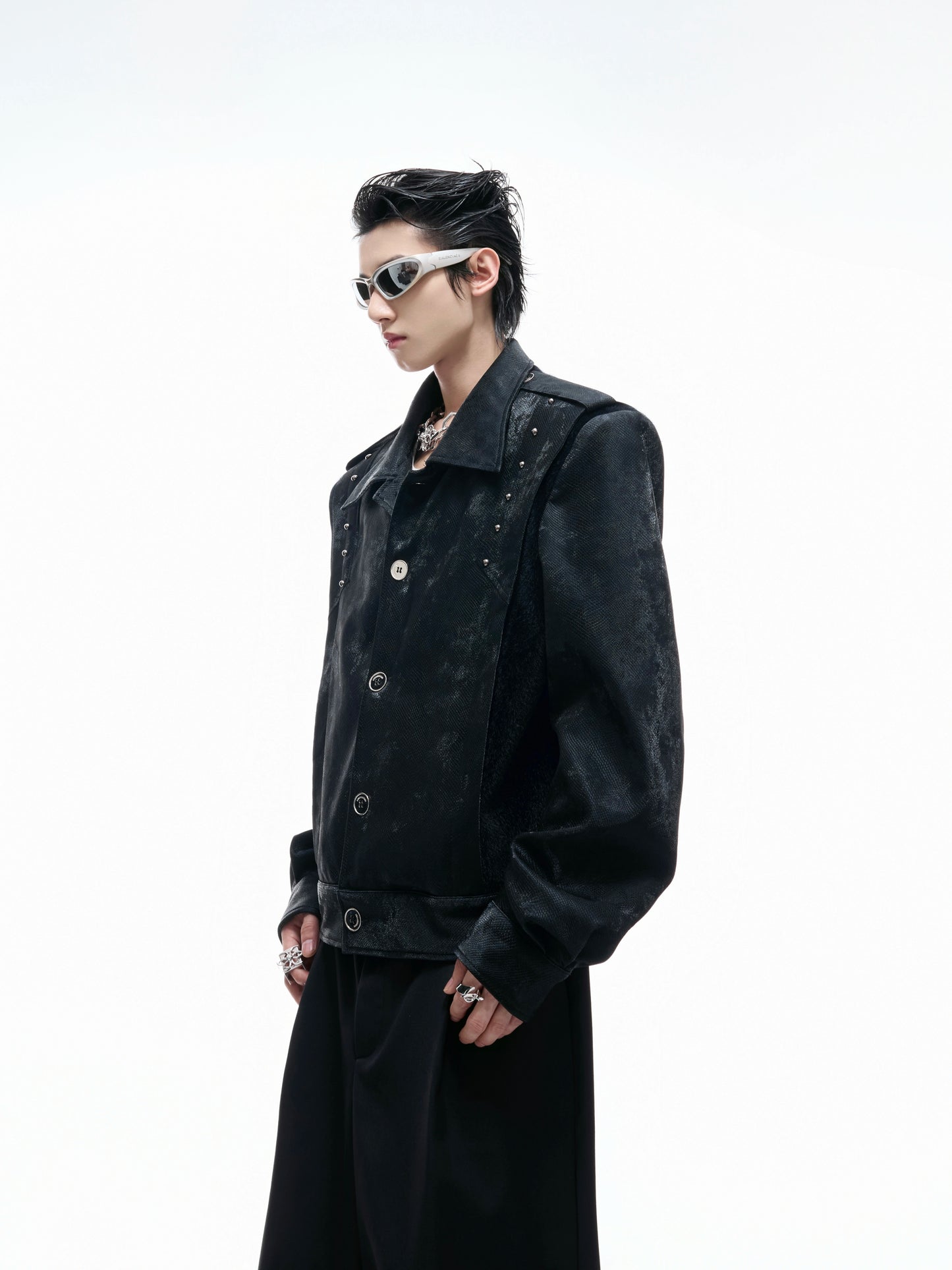 Studs Graphic Print Embroidery PU Leather Jacket WN20548