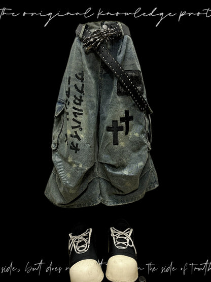 Washed Pleats Patch Wide Leg Cargo Half Denim Jeans & Belt & Chain WN20102