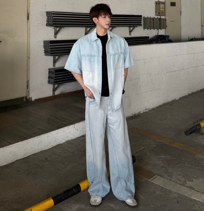 Gradient Wash Short Sleeve Denim Shirt & Wide Leg Denim Jeans Setup WN25338