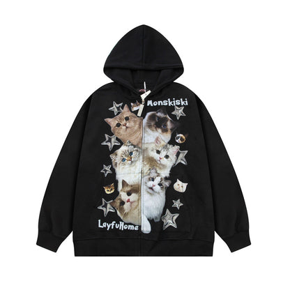 Cat Print Oversize Zipper Hoodie WN11389