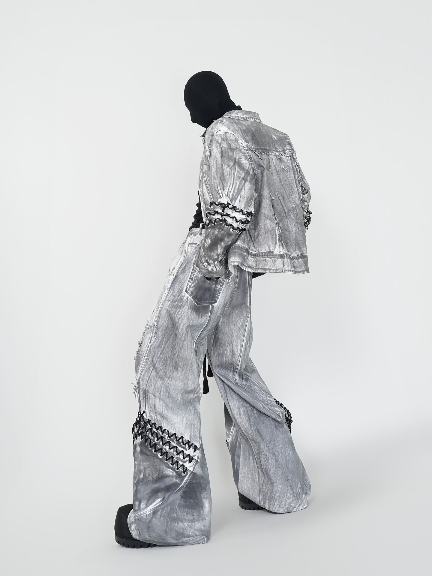 Dirty Washed Damage Shoulder-Pad Jacket & Wide Leg Denim Jeans Setup WN24149