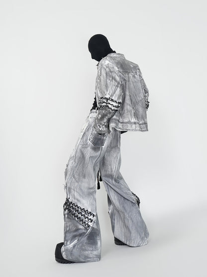 Dirty Washed Damage Shoulder-Pad Jacket & Wide Leg Denim Jeans Setup WN24149