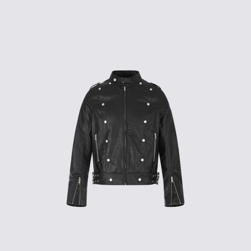 Stand Neck Double Studs Zipper PU Leather Jacket WN28068