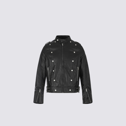Stand Neck Double Studs Zipper PU Leather Jacket WN28068