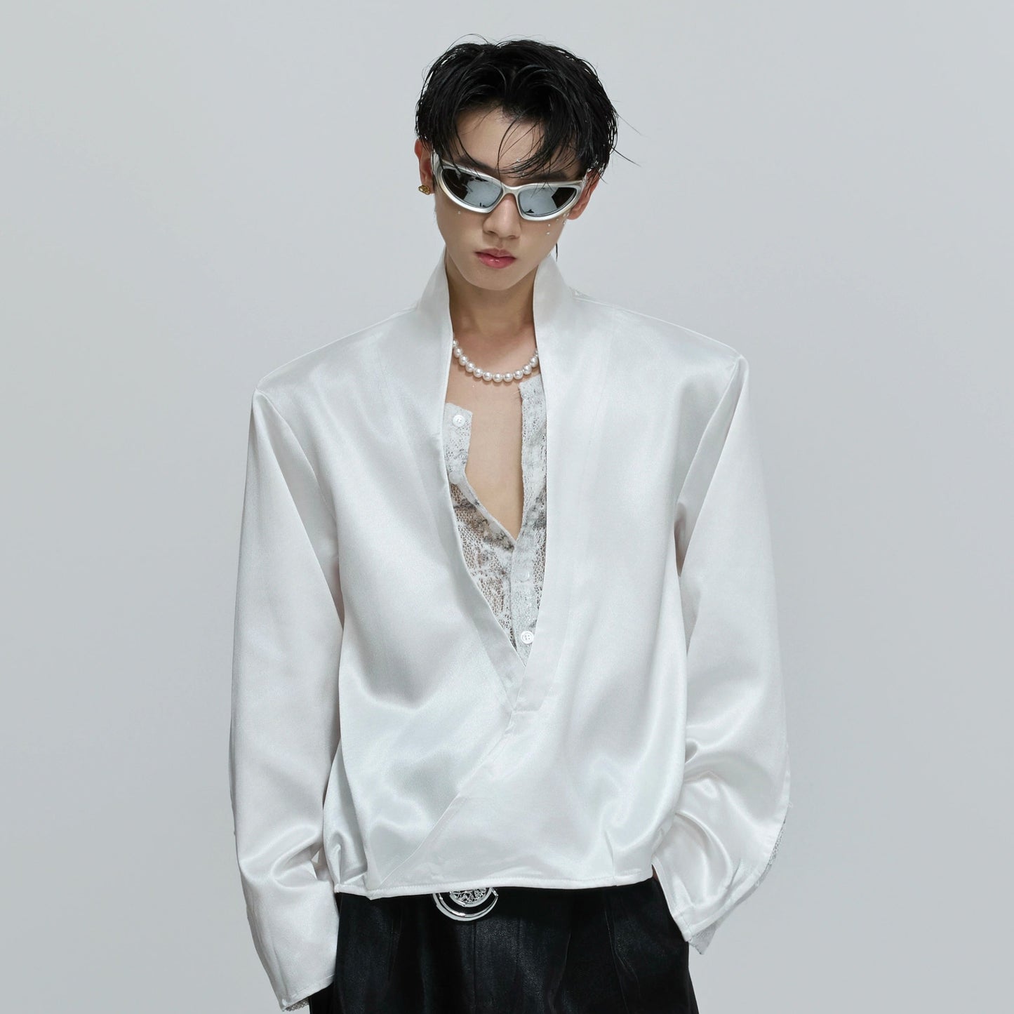 Fake Layered V-Neck Lace Satin Long Sleeve Shirt WN21712