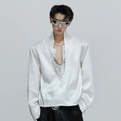 Fake Layered V-Neck Lace Satin Long Sleeve Shirt WN21712