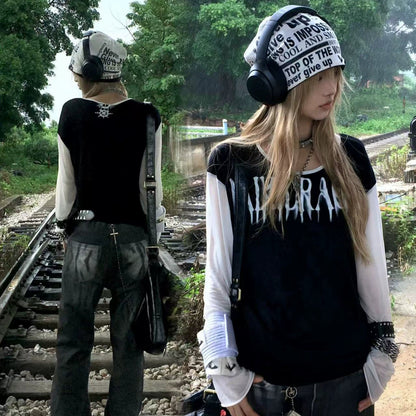 Sheer Print Double Layer Long Sleeve T-Shirt WN20899