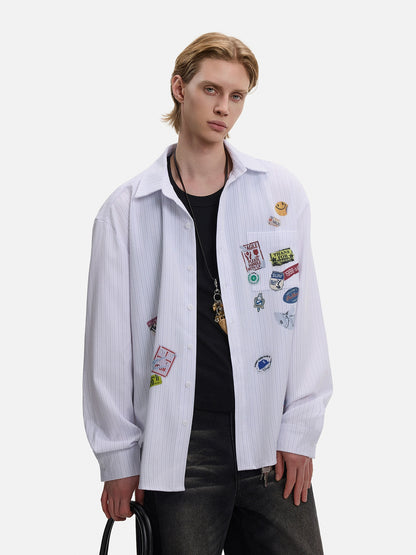 Patch Striped Long Sleeve Shirt WN21431