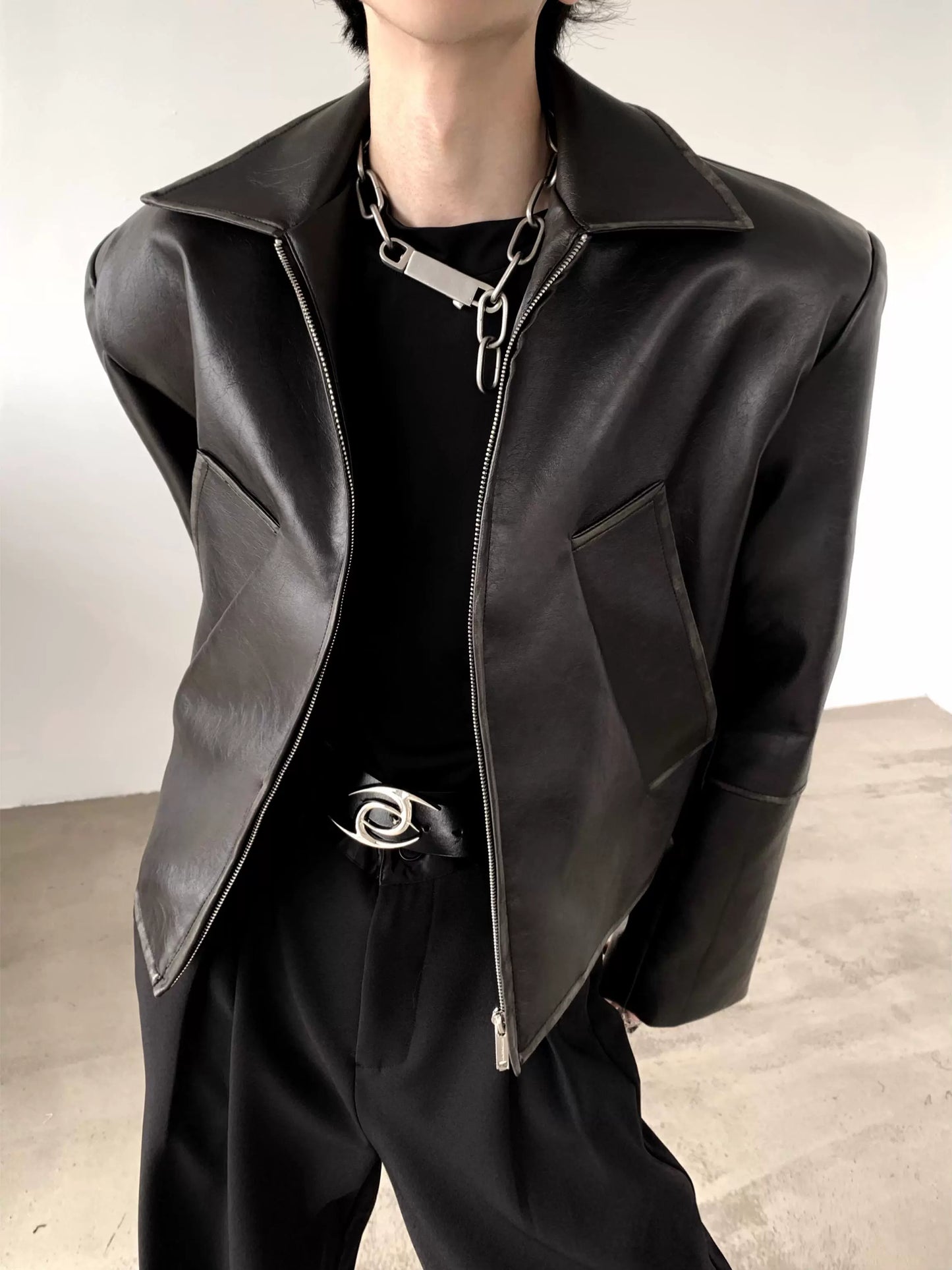 Shoulder Pad Zipper PU Leather Jacket WN9186